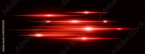 Bright red horizontal neon lens flares isolated on transparent background. Futuristic abstract beams ideal for UI, digital design, sci-fi effects. EPS vector illustration.