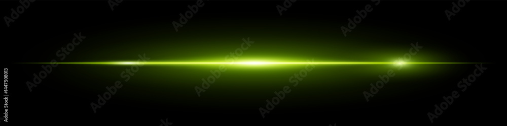 Fototapeta premium Minimalistic horizontal green lens flare glowing brightly on dark background. Abstract futuristic beam ideal for digital effects, UI, technology visuals. EPS vector illustration.