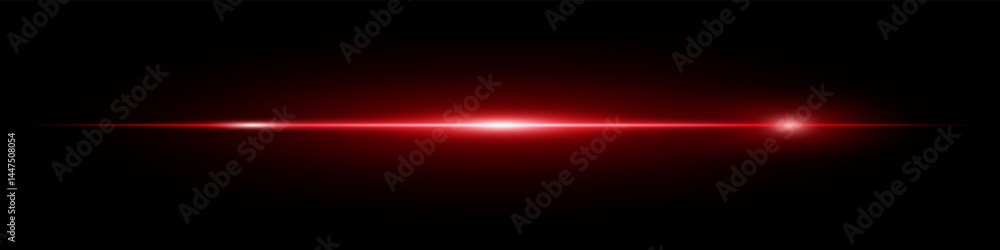Naklejka premium Bright horizontal red neon lens flare isolated on dark background. Minimalist futuristic beam ideal for UI elements, digital designs, sci-fi visuals. EPS vector illustration.