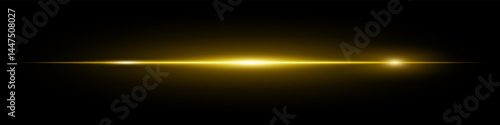 Minimalistic horizontal yellow lens flare glowing brightly on dark background. Abstract futuristic beam ideal for digital effects, UI, technology visuals. EPS vector illustration.