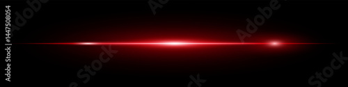 Bright horizontal red neon lens flare isolated on dark background. Minimalist futuristic beam ideal for UI elements, digital designs, sci-fi visuals. EPS vector illustration.