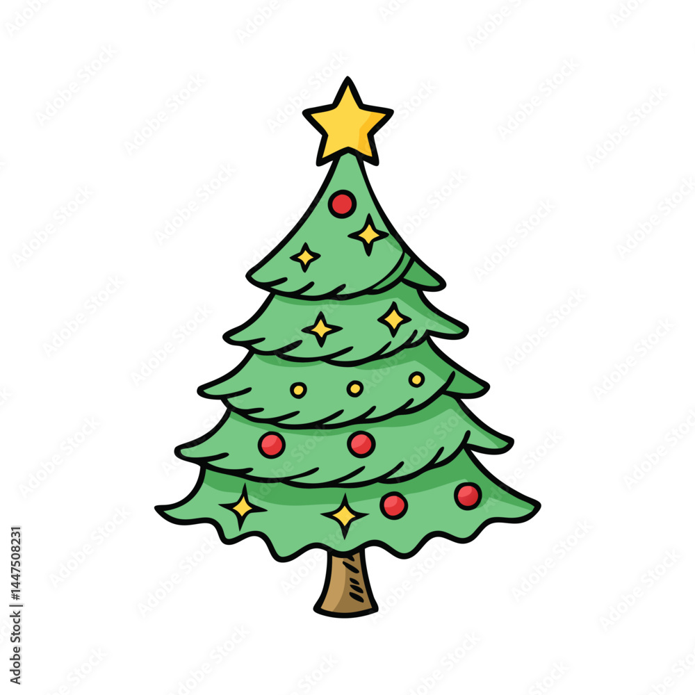 A Cute Cartoon Christmas Tree with Ornaments and Star A Cute Cartoon Christmas Tree with Ornaments and Star