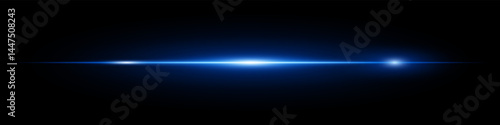 Bright horizontal blue neon lens flare isolated on dark background. Minimalist futuristic beam ideal for UI elements, digital designs, sci-fi visuals. EPS vector illustration.