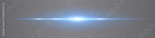 Horizontal subtle blue lens flare isolated on transparent background. Minimalistic glowing beam ideal for UI, digital effects, and tech visuals. EPS vector illustration.