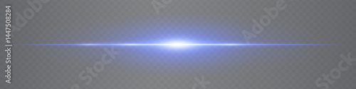 Horizontal subtle blue lens flare isolated on transparent background. Minimalistic glowing beam ideal for UI, digital effects, and tech visuals. EPS vector illustration.