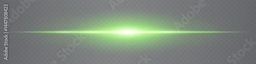 Minimalistic horizontal green lens flare glowing gently on transparent background. Sleek beam ideal for digital designs, UI elements, and futuristic visuals. EPS vector illustration.