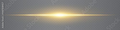 Minimalistic horizontal yellow lens flare glowing gently on transparent background. Sleek beam ideal for digital designs, UI elements, and futuristic visuals. EPS vector illustration.