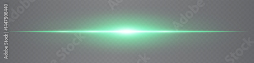 Minimalistic horizontal green lens flare glowing gently on transparent background. Sleek beam ideal for digital designs, UI elements, and futuristic visuals. EPS vector illustration.