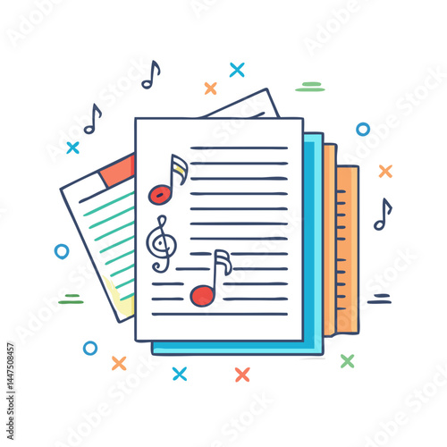 Colorful Illustration of Music Sheets and Notes for Composition and Learning