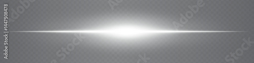 Minimalistic horizontal white lens flare glowing gently on transparent background. Sleek beam ideal for digital designs, UI elements, and futuristic visuals. EPS vector illustration.
