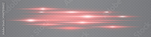 Set of dynamic red neon lens flare streaks glowing on transparent background. Futuristic abstract beams ideal for tech visuals, digital interfaces. EPS vector illustration.
