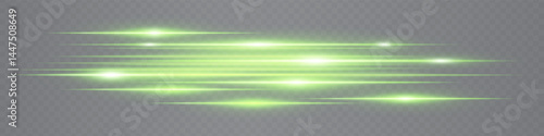 Green horizontal neon lens flares isolated on transparent background. Abstract glowing streaks ideal for futuristic UI design, digital effects, tech projects. EPS vector illustration.