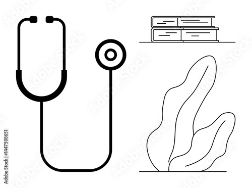 Stethoscope with tubing, three stacked books, and abstract leaf art. Ideal for healthcare, education, knowledge, wellness, learning, growth and a simple landing page