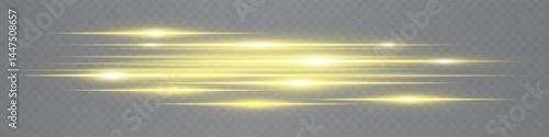 Yellow horizontal neon lens flares isolated on transparent background. Abstract glowing streaks ideal for futuristic UI design, digital effects, tech projects. EPS vector illustration.