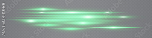 Green horizontal neon lens flares isolated on transparent background. Abstract glowing streaks ideal for futuristic UI design, digital effects, tech projects. EPS vector illustration.