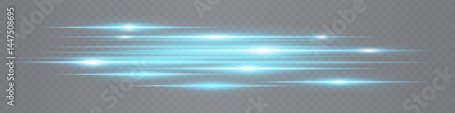 Turquoise horizontal neon lens flares isolated on transparent background. Abstract glowing streaks ideal for futuristic UI design, digital effects, tech projects. EPS vector illustration.