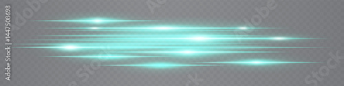 Turquoise horizontal neon lens flares isolated on transparent background. Abstract glowing streaks ideal for futuristic UI design, digital effects, tech projects. EPS vector illustration.