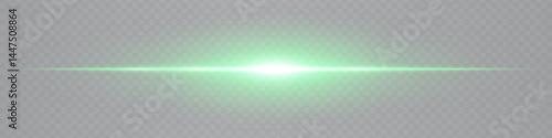 Minimalist horizontal green lens flare glowing on transparent background. Abstract sleek beam ideal for UI elements, digital designs, futuristic visuals. EPS vector illustration.