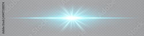 Bright horizontal blue lens flare with star-shaped glow isolated on transparent background. Futuristic vibrant beam ideal for UI design, special effects, digital visuals. EPS vector illustration.