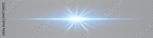 Bright horizontal blue lens flare with star-shaped glow isolated on transparent background. Futuristic vibrant beam ideal for UI design, special effects, digital visuals. EPS vector illustration.