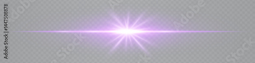 Bright horizontal pink lens flare with star-shaped glow isolated on transparent background. Futuristic vibrant beam ideal for UI design, special effects, digital visuals. EPS vector illustration.