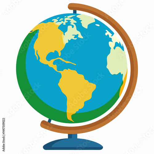 Illustrated globe displaying continents on a wooden stand  