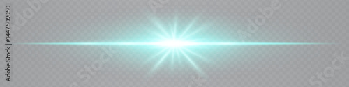 Turquoise horizontal lens flare with star-shaped glow on transparent background. Futuristic sleek beam ideal for digital designs, UI elements, sci-fi visuals. EPS vector illustration.