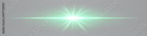 Turquoise horizontal lens flare with star-shaped glow on transparent background. Futuristic sleek beam ideal for digital designs, UI elements, sci-fi visuals. EPS vector illustration.