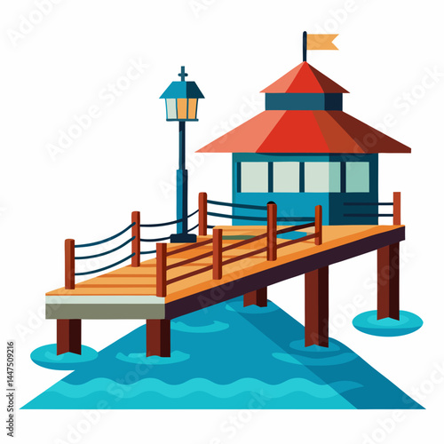 Colorful wooden pier with a lantern beside water and a gazebo  