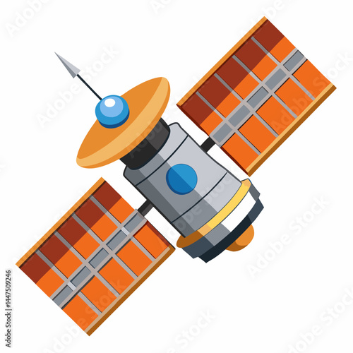 Cartoon satellite design with solar panels and communication antenna  