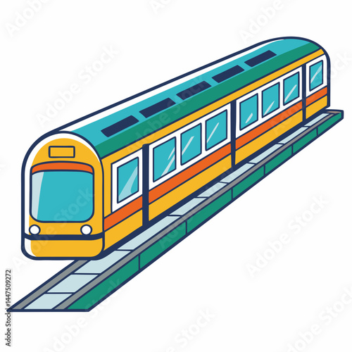 Colorful subway train on elevated track in urban setting  