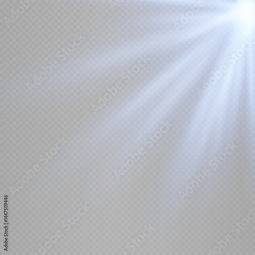 Diagonal blue lens flare rays glowing softly from corner isolated on transparent background. Elegant glow ideal for digital effects, UI, and modern visuals. EPS vector illustration.
