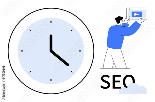 Large clock and person holding a webpage element with SEO text. Ideal for time management, digital marketing, content strategy, data visualization, productivity, SEO education, simple landing page