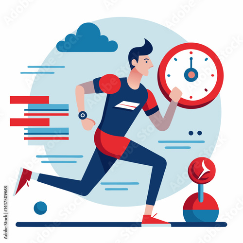Athlete running against a timer in a dynamic illustration  