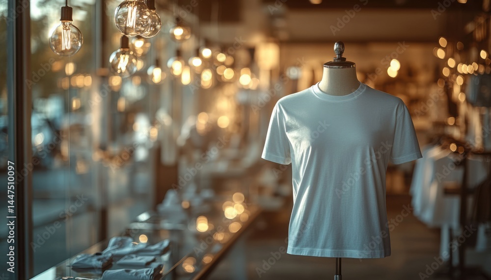 A pristine white t shirt on a mannequin displayed in a stylish boutique with warm lighting and a A pristine white t shirt on a mannequin displayed in a stylish boutique with warm lighting and a