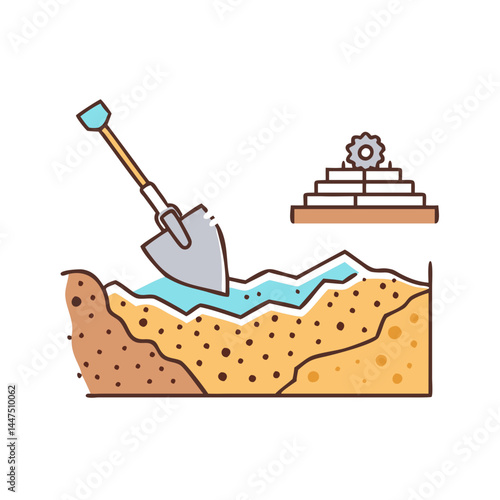 Sand Excavation and Construction Illustration Featuring Shovel Gear and Blocks