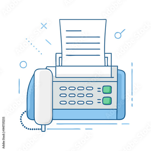 A Simple Line Drawing of a Classic Fax Machine with Attached Handset and Paper