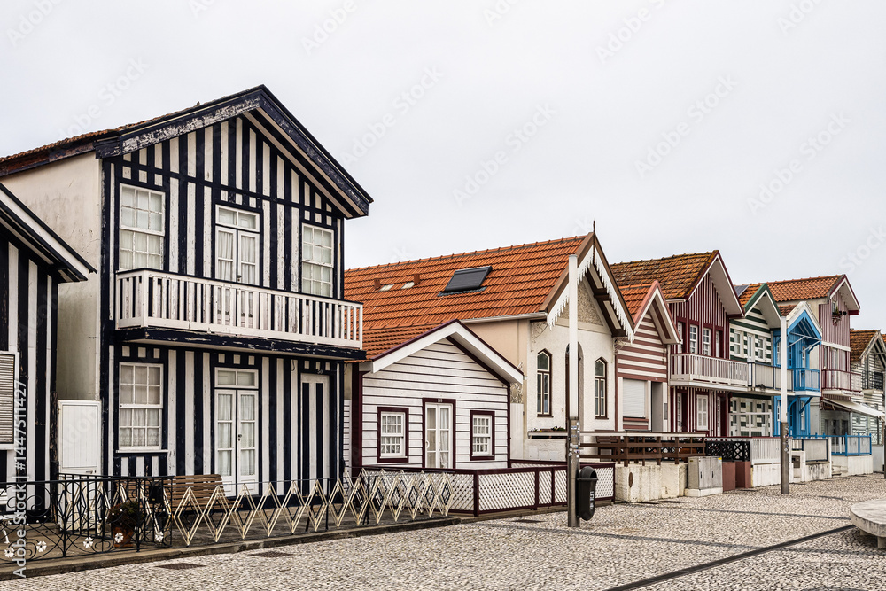 Street with colorful houses. Street with striped houses, Costa Nova, Aveiro, Portugal