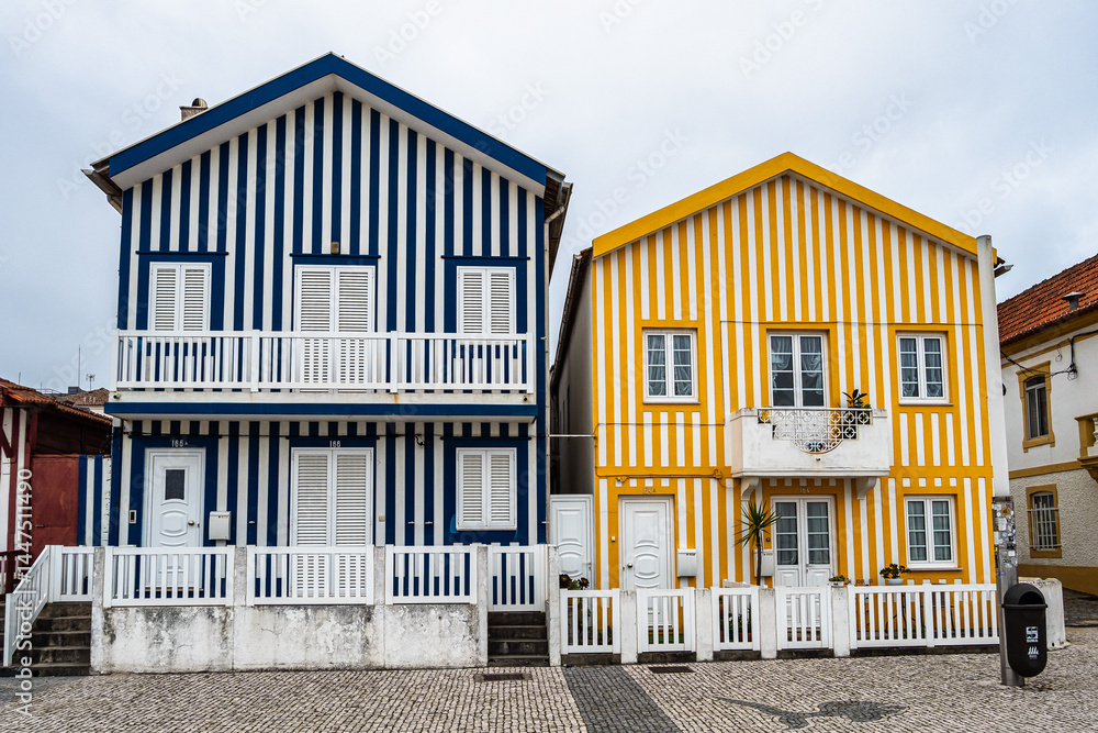 Street with colorful houses. Street with striped houses, Costa Nova, Aveiro, Portugal
