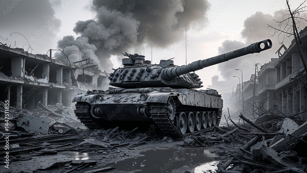 Fototapeta premium Tank in War-Torn Urban Landscape with Destruction and Smoke