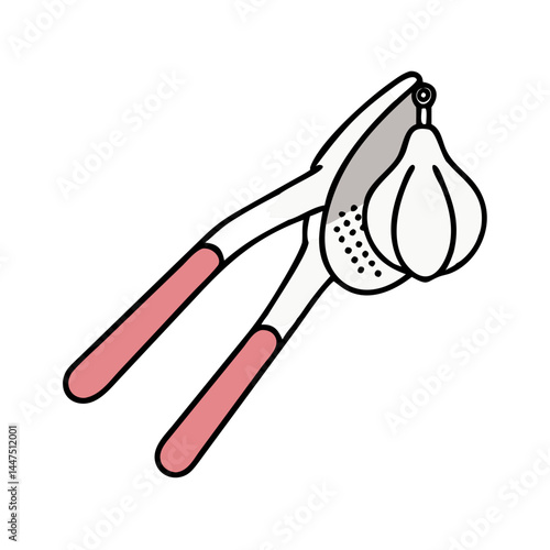 A Pink and White Garlic Press Crushing a Clove of Garlic