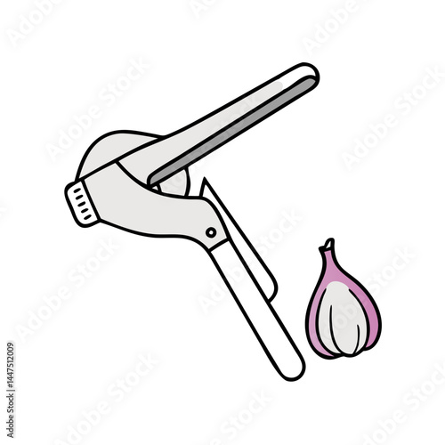 A Manual Garlic Press and a Single Bulb of Garlic Ready to be Crushed
