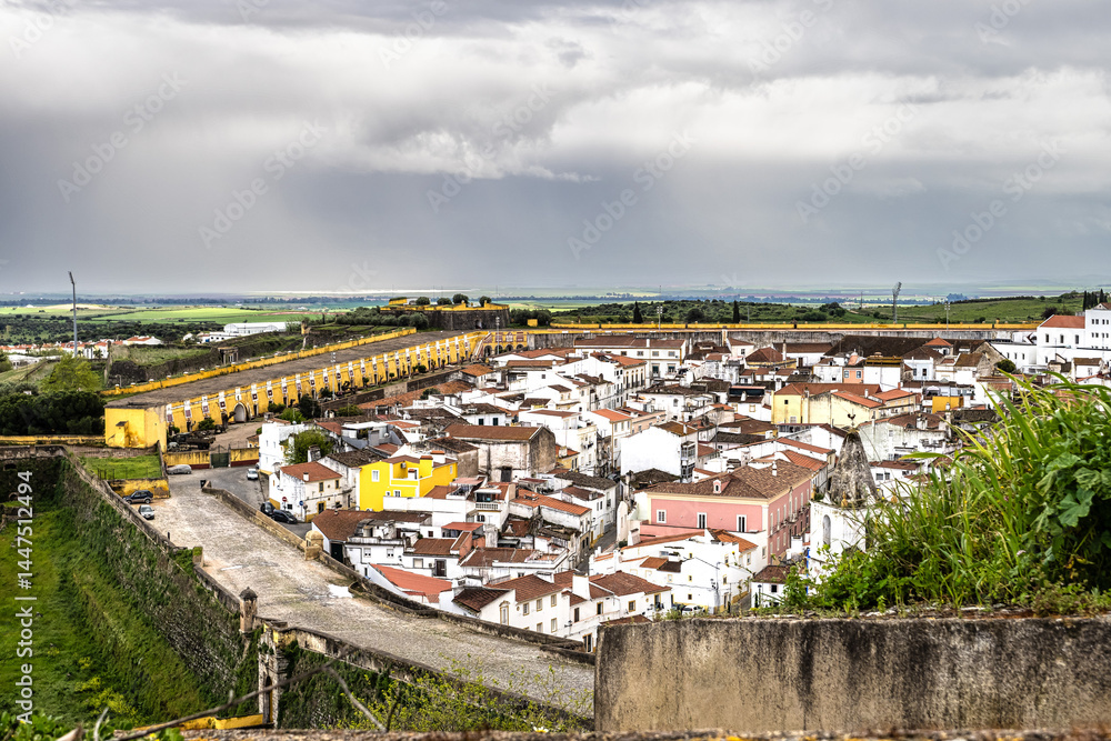 View over Elvas in Portugal with its typical Portuguese buildings and cobblestone streets