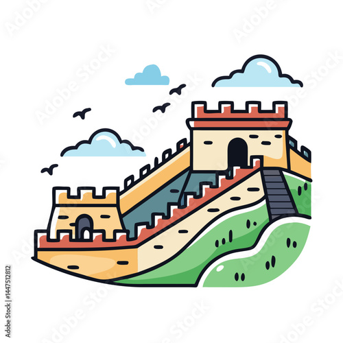 Cartoon Illustration of the Majestic Great Wall of China under a Cloudy Sky