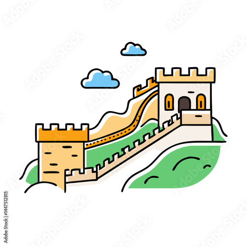 Iconic Illustration of the Great Wall of China with Watchtowers and Rolling Hills Under a Cloudy Sky