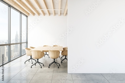 Modern conference room interior with wooden chairs and table near large windows, blank wall on side, ideal for business design mockup or presentation.