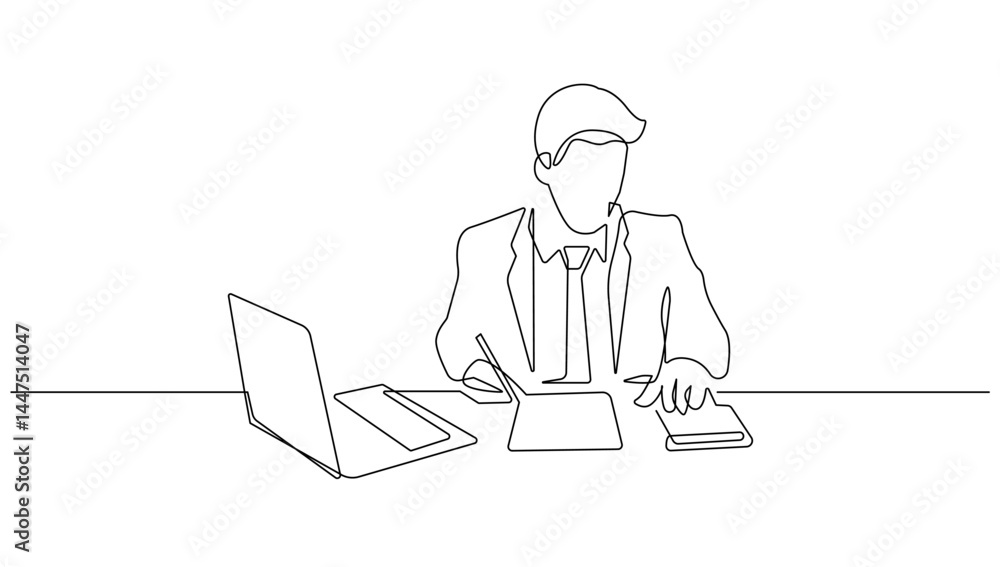 Businessman Working with Laptop Continuous One Line Drawing. Business Working Concept Line Art Template. Vector Illustration Minimalist Style. Businessman Working with Laptop Continuous One Line Drawing. Business Working Concept Line Art Template. Vector Illustration Minimalist Style.