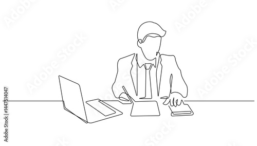 Businessman Working with Laptop Continuous One Line Drawing. Business Working Concept Line Art Template. Vector Illustration Minimalist Style.