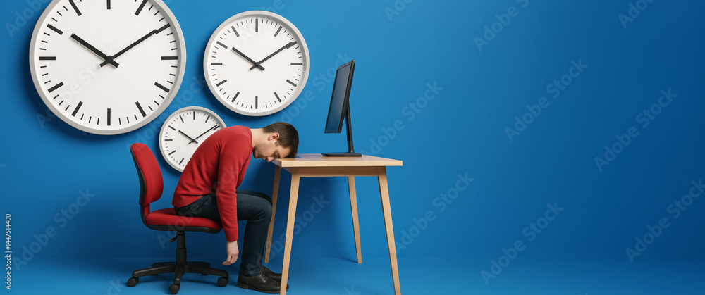 Obraz premium Man exhausted at desk with clocks on wall and blue background symbolizing work burnout and time pressure concept. Ai generative.