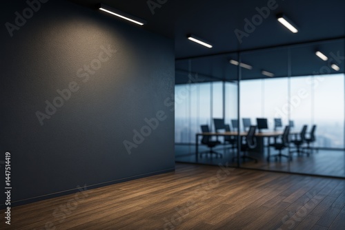 Modern corporate office interior with dark textured wall and glass meeting room, ideal for signage or logo mockup presentation in evening light.